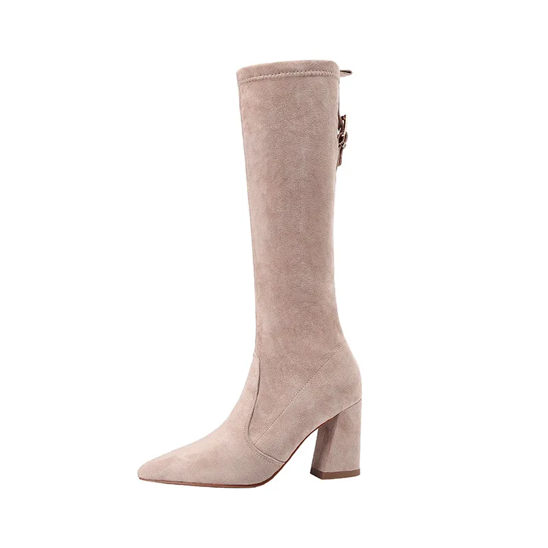 Бежевый brand designer slim long winter boots women pointed toe thick high heels knee high boots cozy plush flock knight botas mujers614 - Цвет: Бежевый