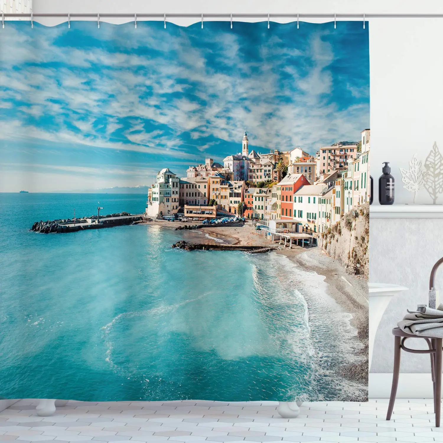 Italy Shower Curtain Panorama of Old Italian Fishing Village Beach in Province Coastal Charm Image Polyester Fabric Bathroom | Дом и сад