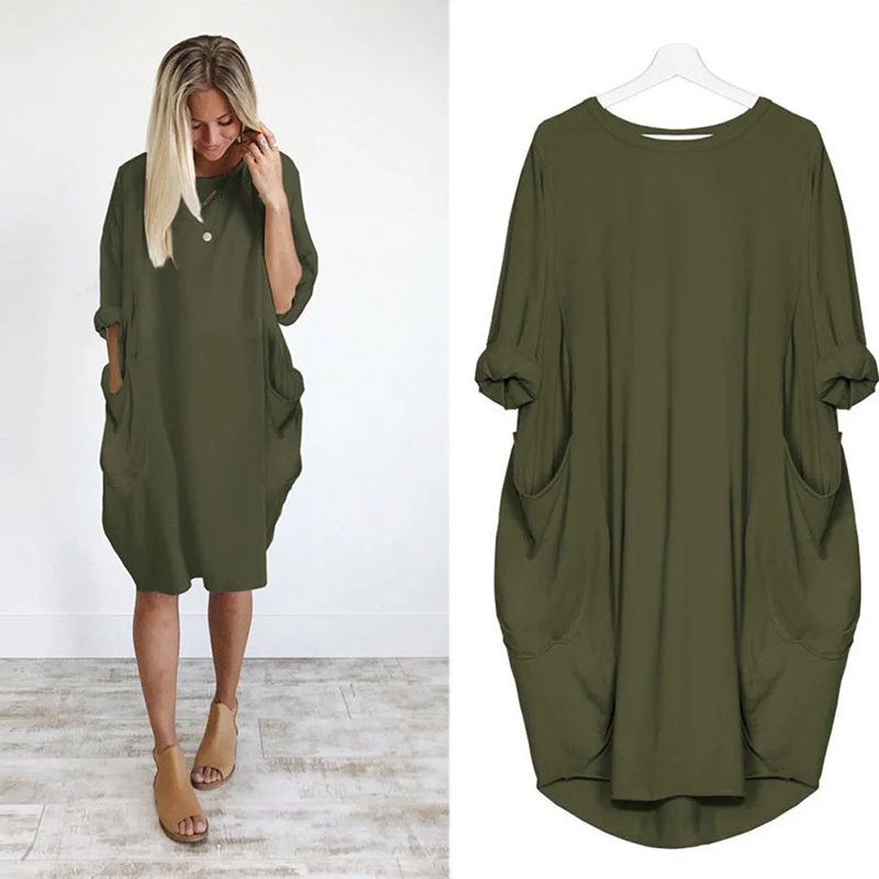 

2019 New Women Casual Short Dress Pocket Loose Long Sleeve Irregular Dress Ladies O Neck Casual Elegant Long Tops Vestido Female