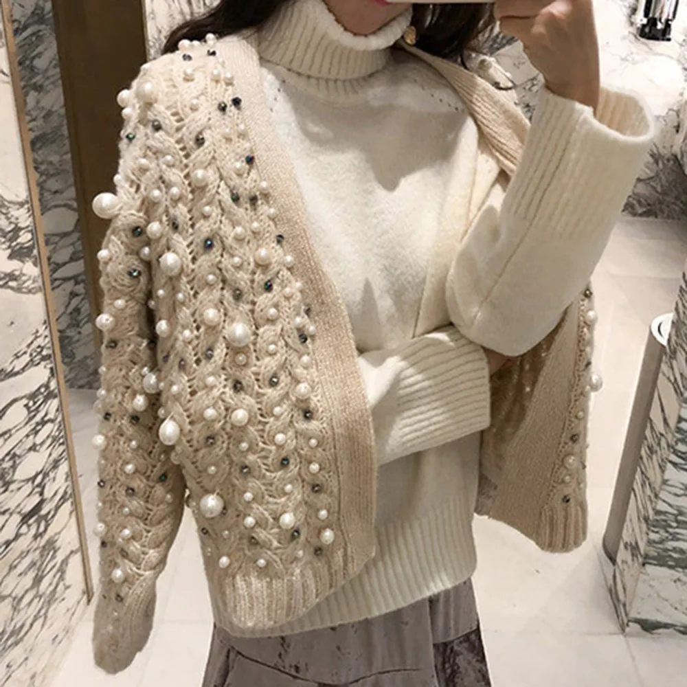 

2020 Spring And Autumn Sweater Handmade Hand-sewn Pearl Cardigan Sweater Women Thickened Long-sleeved Casual Jacket Overcoat