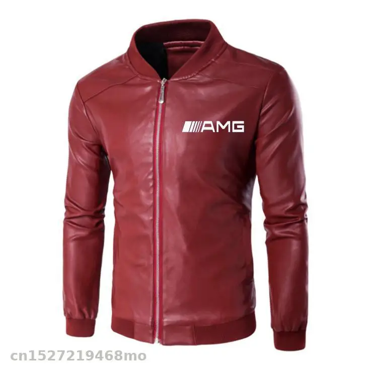 Motorcycle pu leather jacket men Casual Fashion Stand Collar For AMG Jacket Men Slim High Quality PU Leather Coats - Цвет: Красный