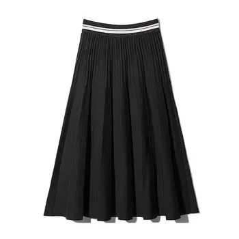 

2019 Autumn Women High Waist Knitted Long Skirt Stretch Vintage Women Srtiped Waist A-Line Skirt Black Faldas Jupe Femme Saia