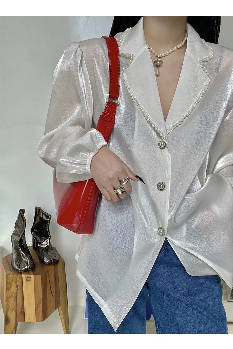 Getspring Women Shirt Pearl Patchwork Long Sleeve