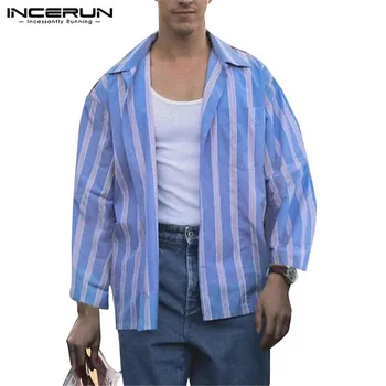 

INCERUN Men Striped Casual Shirt Long Sleeve Breathable Pockets Blouse Street Style Chic Hawaiian Beach Mens Shirts Camisa 2020