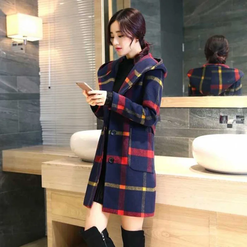 Зимнее женское пальто в британском студенческом стиле, новое модное шерстяное пальто средней длины в клетку Inha с капюшоном, легкое пальто в