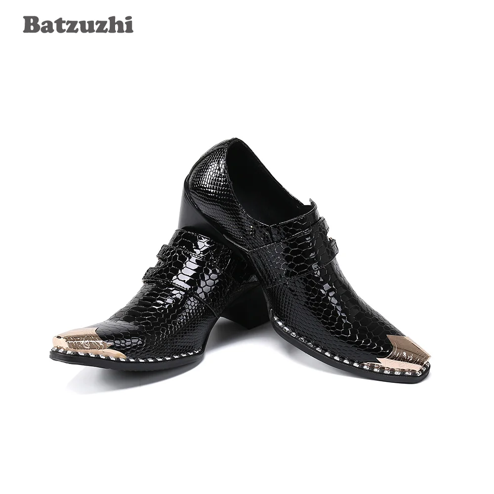 Batzuzhi 6.5cm High Heels Men's Shoes Pointed Metal Tip Black Genuine Leather Dress Shoes Men for Business and Party, 38-46