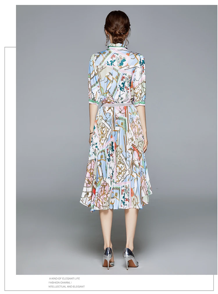 Runway Skirt 2 Piece Set Women Bow Tie Sashes Half Sleeve Floral Blouse Shirts and Irregular Pleated Skirt Women Clothing Set