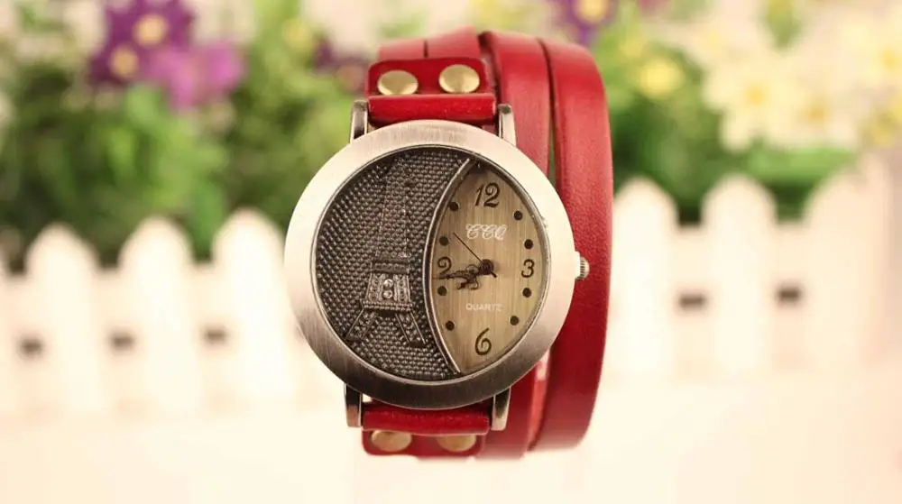 

Tower Red Bracelet Women Watch Vintage Fashion Paracord Hearts Retro Rhinestone Quartz Wristwatch