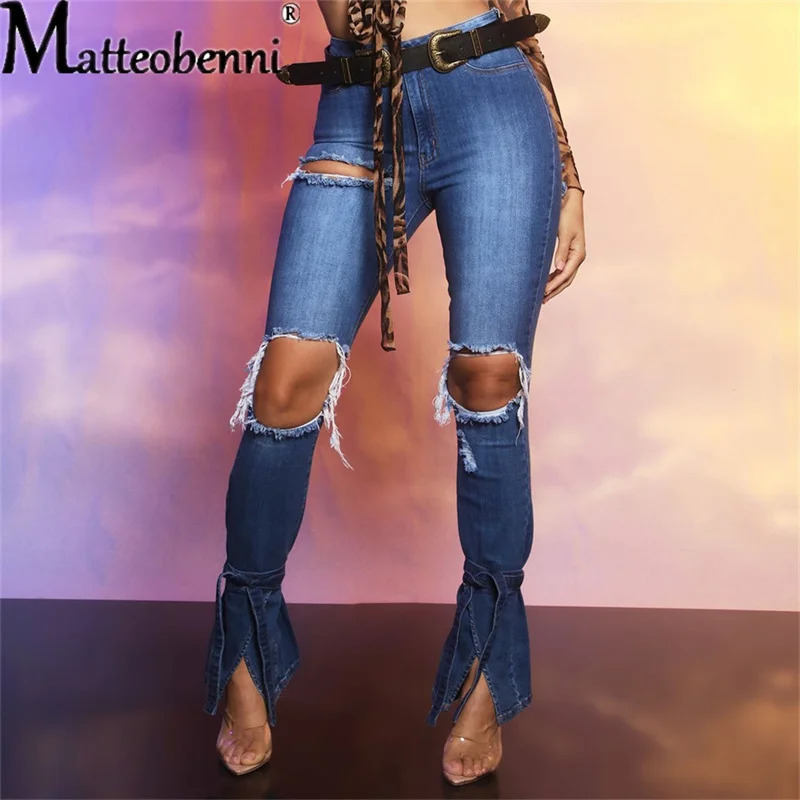 Micro Flared Slit Denim Pants Women Retro Solid Sexy Hole Jeans Ripped Street Skinny High Waist Ladies Pants Trousers low waist design hollow micro trumpet female retro street slim stretchskinny jeans y2k metal buttonhigh street stylewide pants