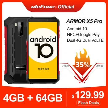 Перейти на Алиэкспресс и купить Ulefone Armor X5 Pro прочный водонепроницаемый смартфон 4 Гб + 64 ГБ Android 10,0 мобильный телефон NFC 4G LTE мобильный телефон
