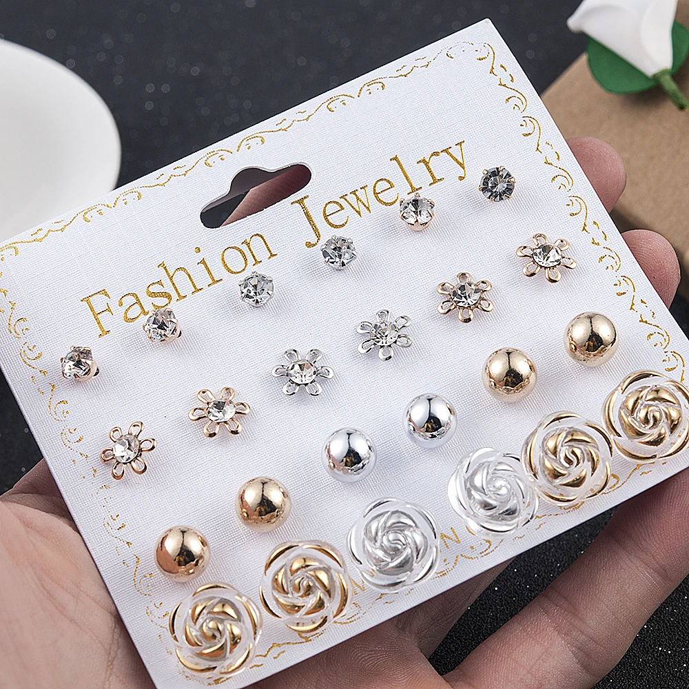 12 Pairs/Set Women's Pearl Flower Crystal Mix Design Studs Earrings Girls Elegant Gold Heart Ear Jewelry Gift Aretes De - Image 2