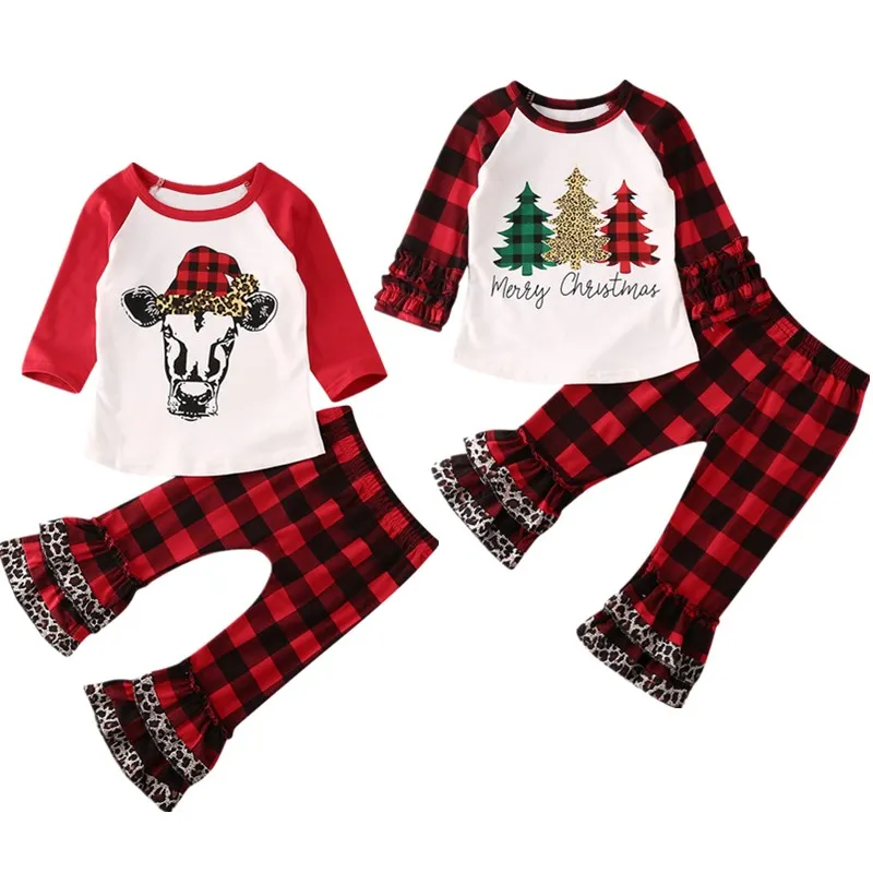 Новая детская одежда для маленьких девочек Рождественские топы с оборками, футболка+ клетчатые штаны