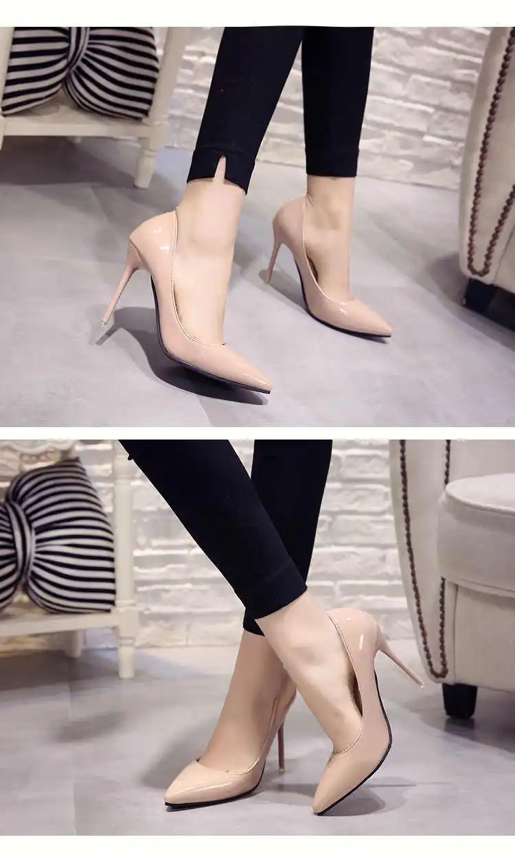 Plus Size 34-44 Hot Women Shoes Pointed Toe Pumps Patent Leather Dress High Heels Boat Wedding Zapatos Mujer Blue Wine Red