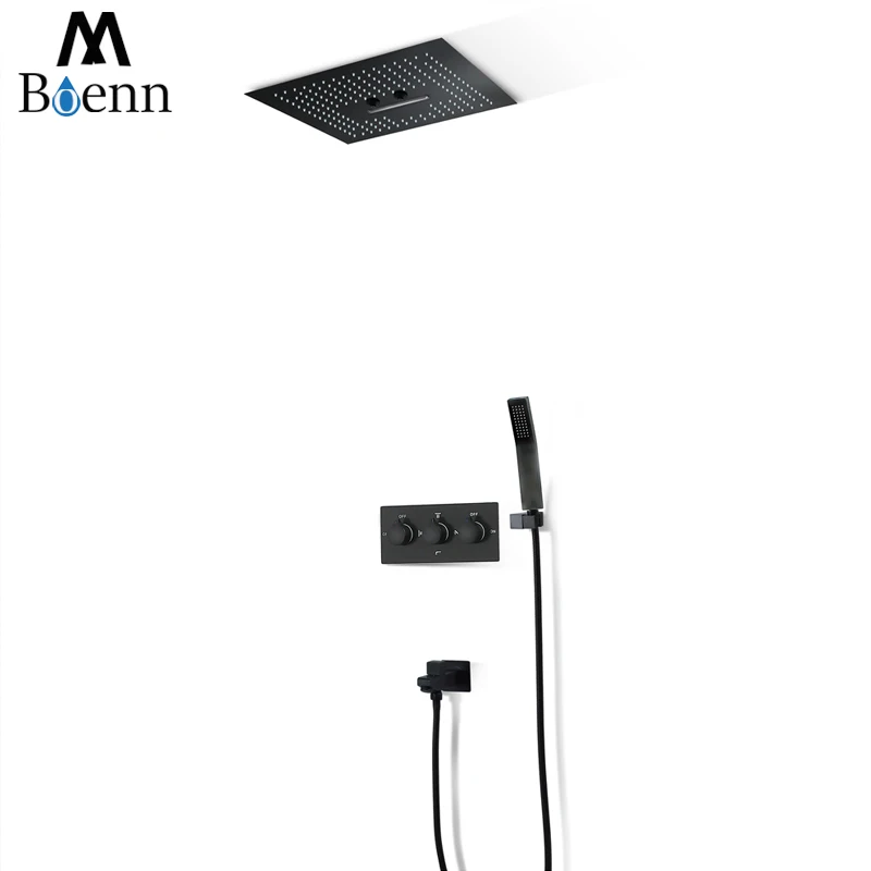 

M Boenn Bathroom Rainfall LED Light Showerhead Stainless Steel 16 Inch Shower Set System Ceiling Black Shower Mixer Faucet Brass