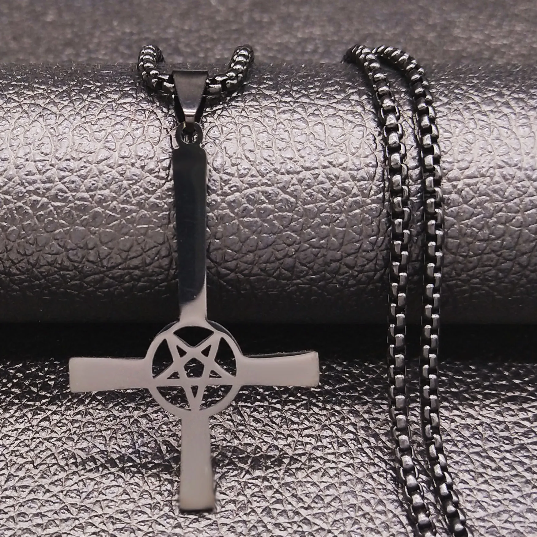 Inverted Cross Occult Pentagram Stainless Steel Chain Necklace for Women Men Black Color Satanic Gothic Satan Necklace Jewelry
