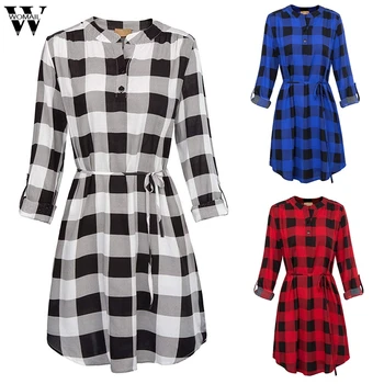 

Womail Dress Women Vintage elegant Shirt Dress red Plaid Long Sleeve Casual Streetwear Lady Office OL Midi Dress Leisure Autumn