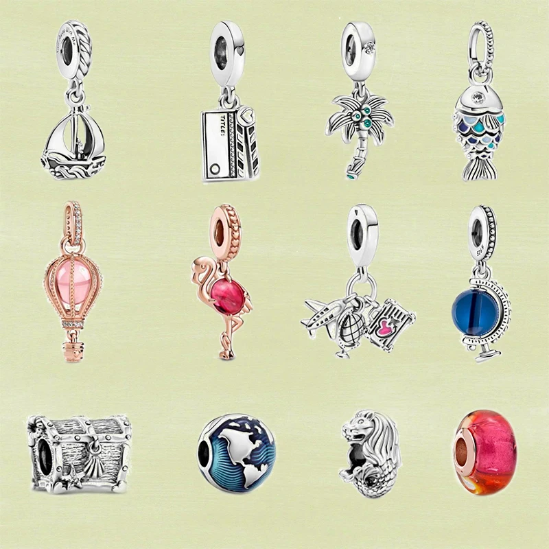 

2021 Summer New S925 Silver Blue Globe, Movie Clapper, Merlion, Sailboat Dangle Charm, High-quality Jewelry For Ladies As Gifts