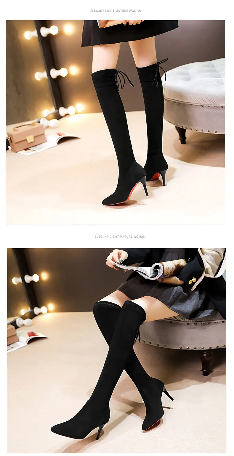 Пикантные ботфорты; женские высокие сапоги; сезон осень-зима; женская обувь из флока; кожаные сапоги; сапоги до бедра; обувь