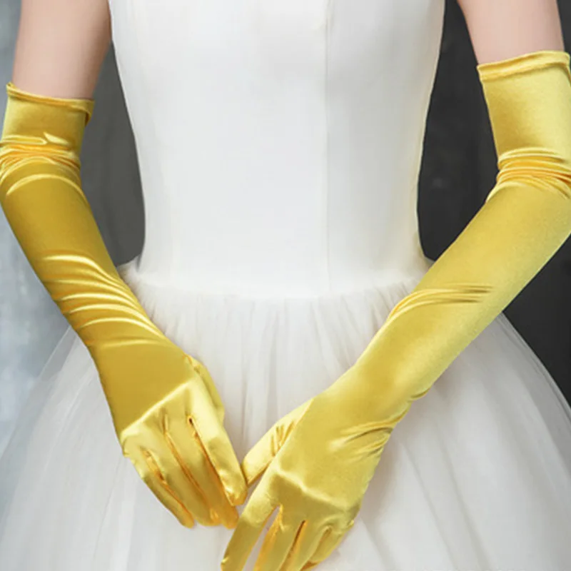 Satin Gloves Korean Women Christmas Wedding Dress Long Elastic Etiquette Gloves Summer Sunscreen UV Full Finger Driving Glove K14