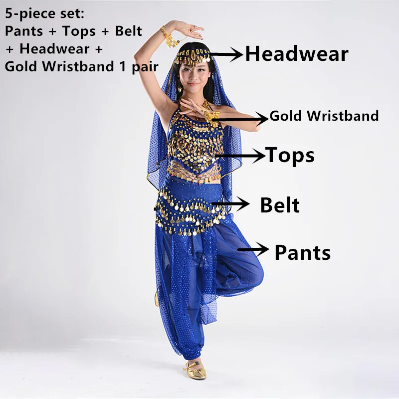 Индийская одежда для дам костюмы для танца живота для продажи брюки для женщин Болливуд индийский Египетский танец живота платье для взрослых - Цвет: Blue 5pcs set