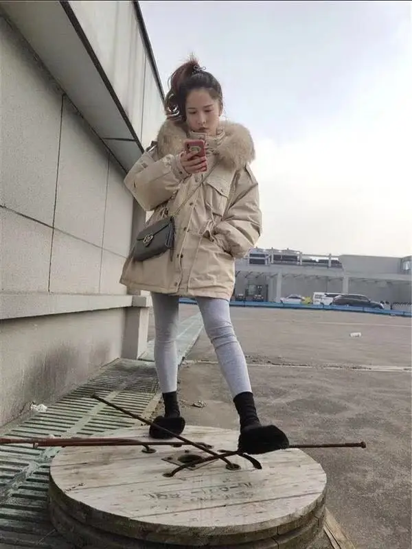 Короткий пуховик женское платье Южная Корея Dongdaemun с капюшоном большой меховой воротник свободный крой шнурок толстое теплое пальто зима