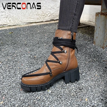 

VERCONAS Fashion Casual Woman Ankle Boots Lace-Up Martin Boots Genuine Leather Autumn Winter Platforms High Heels Boots Woman