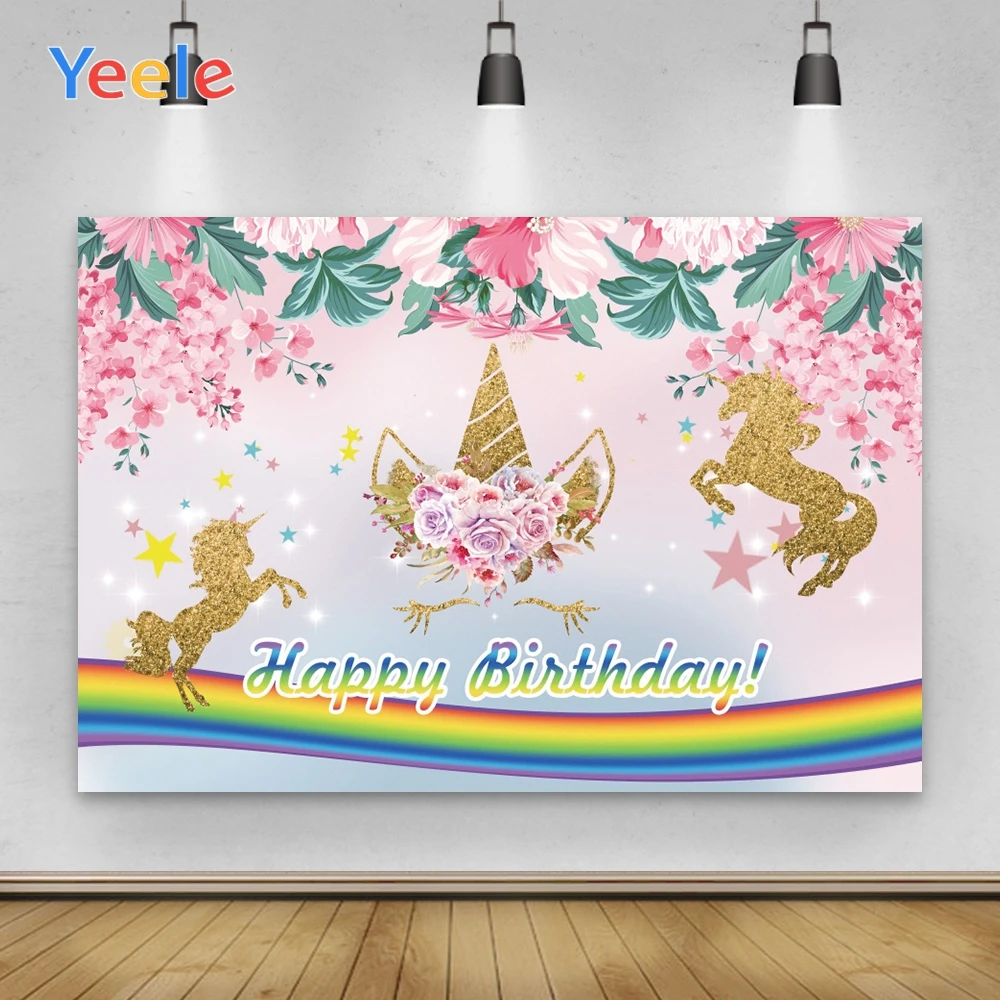 

Yeele Happy Birthday Baby Backdrop Props Customized Golden Unicorn Pink Flowers Rainbow Background Photo Props For Party Decor
