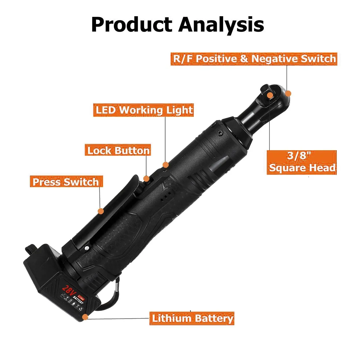 12 V/18 V/28 V электрический ключ с трещоткой 3/8 беспроводной прямоугольный ключ аккумуляторные леса 45-85NM 90 градусов с 1 батареей