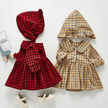 

2020 Autumn New Baby Girl Bodysuit Cotton Long Sleeve Plaid Jumpsuit With Hat Newborn Infant Girl Clothes Outfit 0-24M