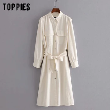 

vintage white denim shirt dress women long sleeve sashes midi dress 2020 fashion women clothes