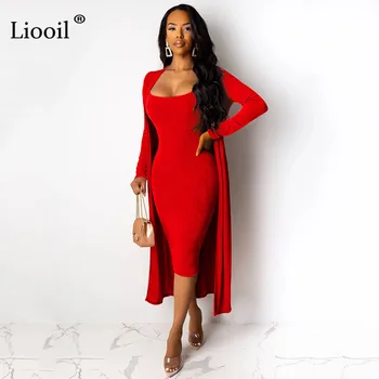 

Liooil Two Piece Set Sexy Bodycon Midi Dress Women Club Wear Outfits 2019 Long Sleeve Strapless Tight Dresses Woman Party Night