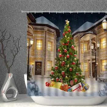 

New Year Shower Curtain Christmas Tree with Xmas Balls Gifts Snowy House Winter Snow Green Gold Decor Fabric Bathroom