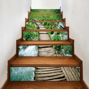 

6pcs/set 3D Wood Bridge Staircase Stair Riser Floor Sticker Self Adhesive DIY Stairway Waterproof PVC Wall Decal Home Decor