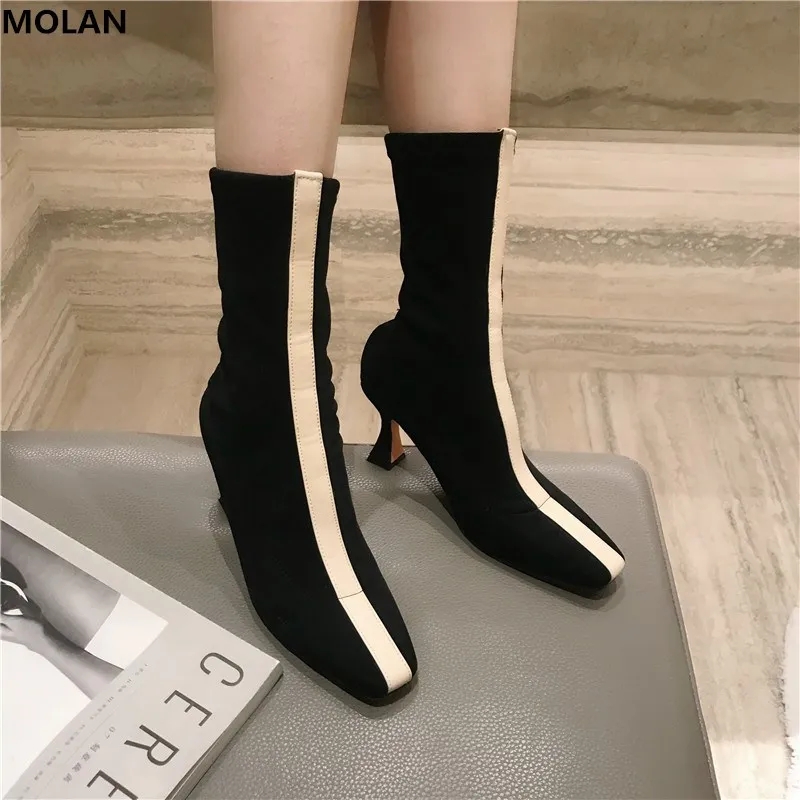 

MOLAN Brand Designers 2019 Winter Luxury A Bar Stretch Fabric Warm Plush Short Sock Boots Sexy High Heels Slim Pumps Lady Shoes