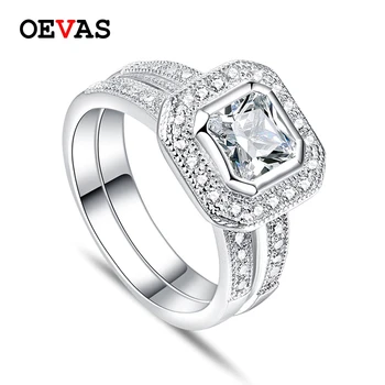 

OEVAS 925 Sterling Silver Wedding Rings set for women Sparking Square Zircon Engagement party Jewelry Ladies Anniversary ring