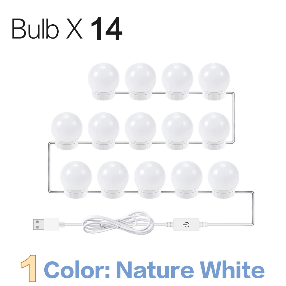 Голливудский Led-зеркало для макияжа светильник на каждый день, 3 цвета Плавная затемнения туалетный столик, Ванная комната светодиодный настенный светильник USB макияжа с светильник Инж - Цвет абажура: Nature White 14Bulbs