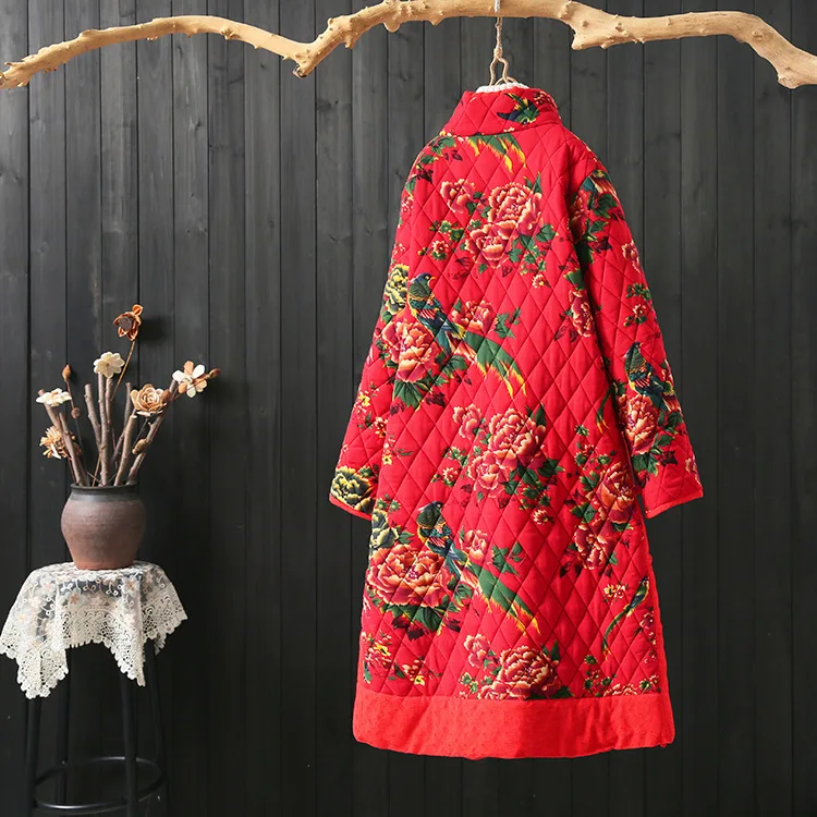 

2018 Winter New Style Chinese-style Flowers And Birds Printed Stand Collar Frog X-long Thick Cotton-padded Clothes Women Jacket
