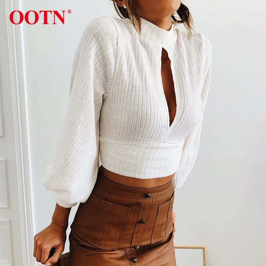 

OOTN Lace Up Crop Top Long Sleeve Knitting Ribbed Women Blouse Shirt Backless Hollow Out O Ncek White Top Tunic Female Blouses