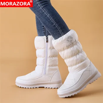 MORAZORA Big size 36-41 New warm snow boots women zipper platform boots solid color waterproof mid calf thick fur winter boots tanie i dobre opinie Down Mid-Calf CRYSTAL SKW4524 Adult Wedges Plush Round Toe High (5cm-8cm) Fits true to size take your normal size 4 5cm