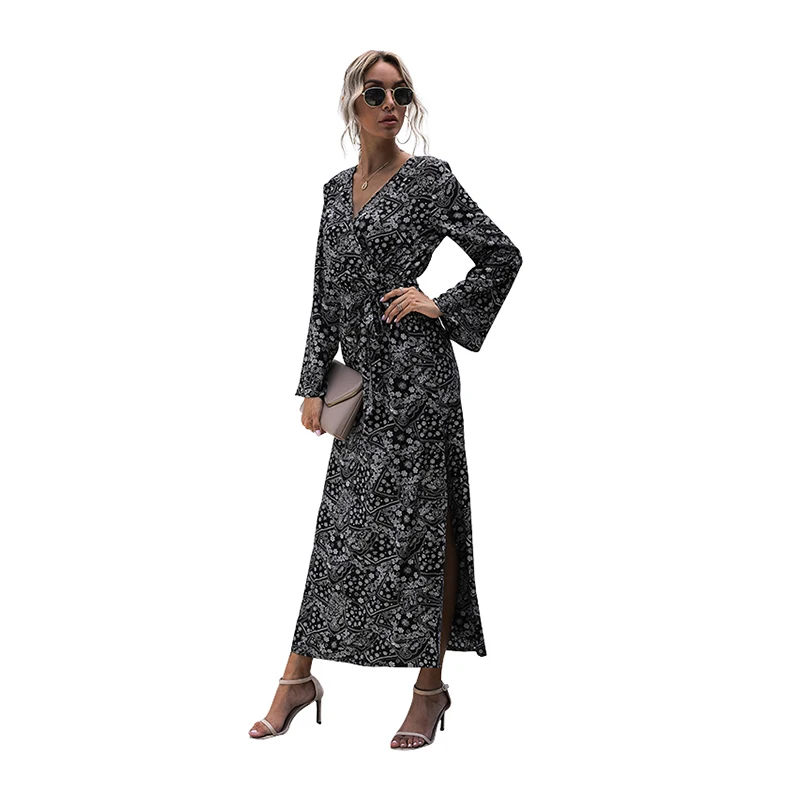 

2020 Autumn Long Dresses With Side Slit for Women Flare Sleeve V-Neck Dress Ladies' Floral Print Elegant Sundress Cotton Clothes