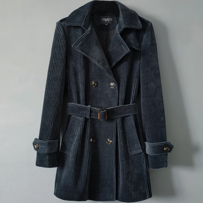 

Chenille Corduroy Trench Coat Female New Autumn Winter 2023 Retro Double-breasted Lapel Mid-length Coat Plus Size Overcoat Women