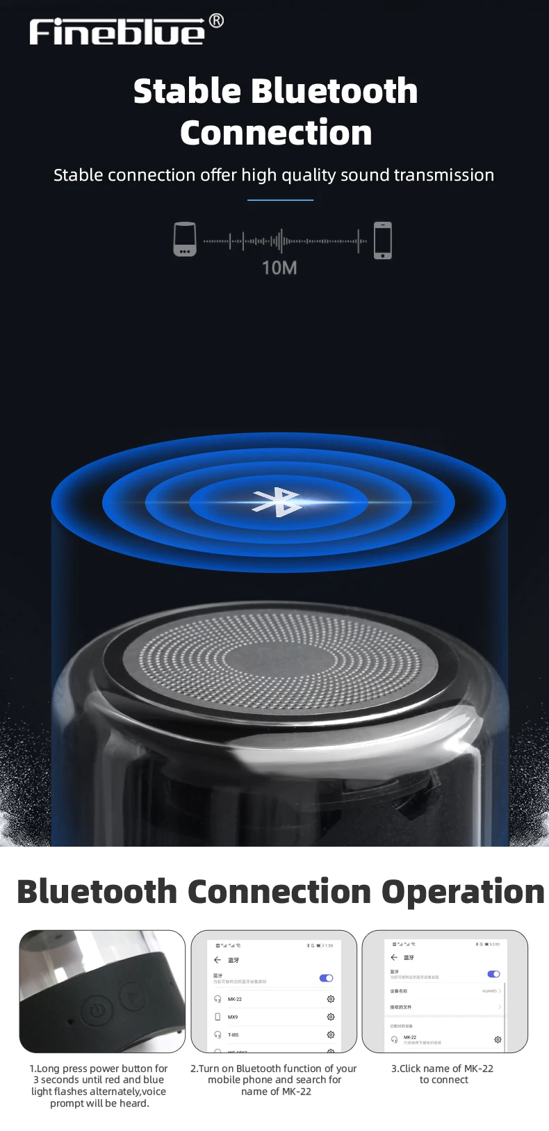 Fineblue MK22 TWS Mini Wireless Bluetooth Speaker 4 Colors LED Breathing Light Mega Bass Stereo Interconnection Speaker