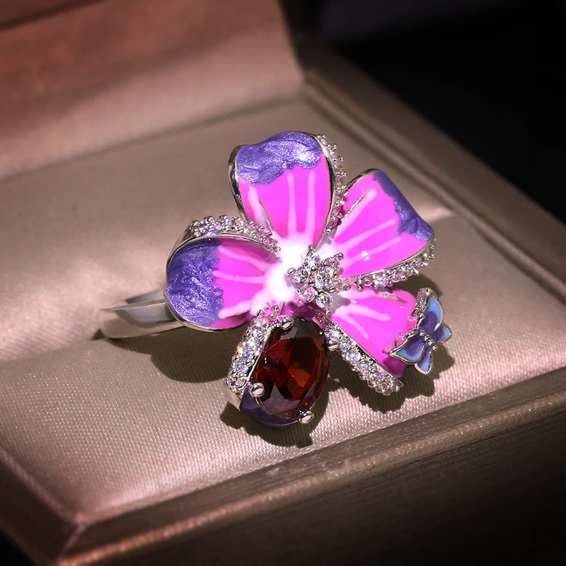 High quality Purple Flower Butterfly Delicate Ring Party Chic Jewelry Handmade Enamel For Women