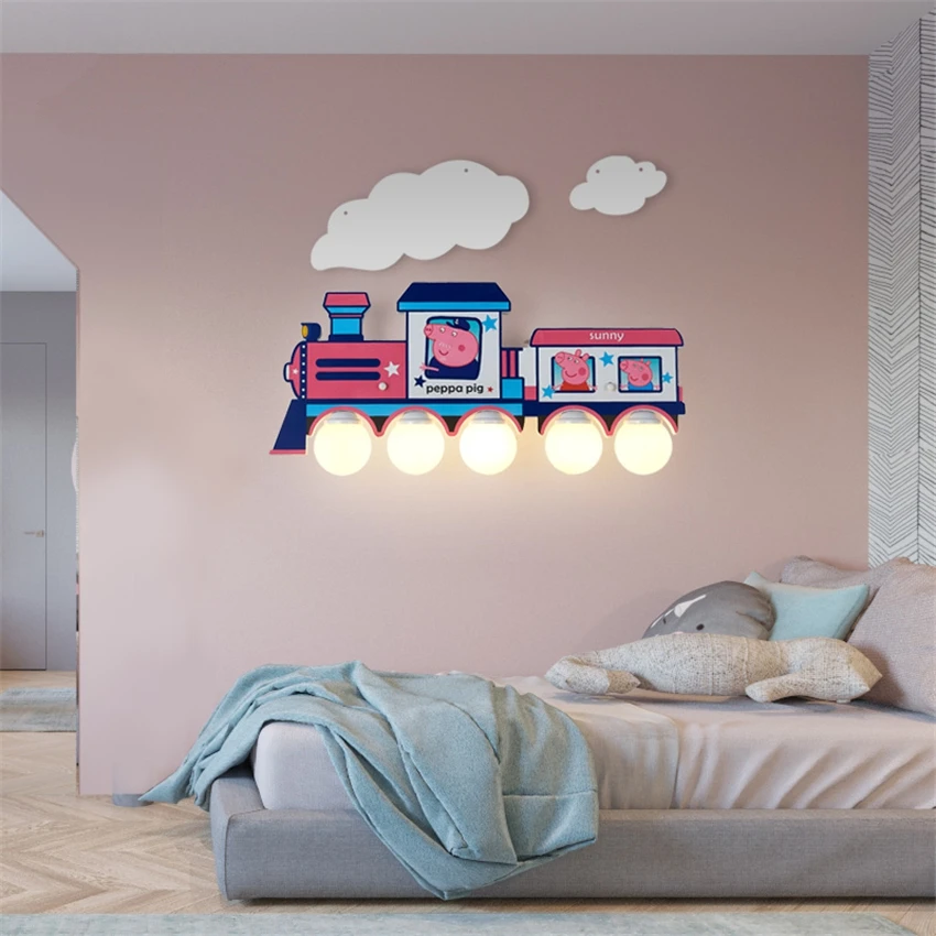 Children's room train cartoon wall lamps staircase study bedroom wall  sconces lights aisle corridor wood stained glass lamps