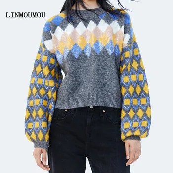 

Fashion autumn and winter women's sweater geometric figure sequins decorative sweater round neck lantern sleeves loose sweater