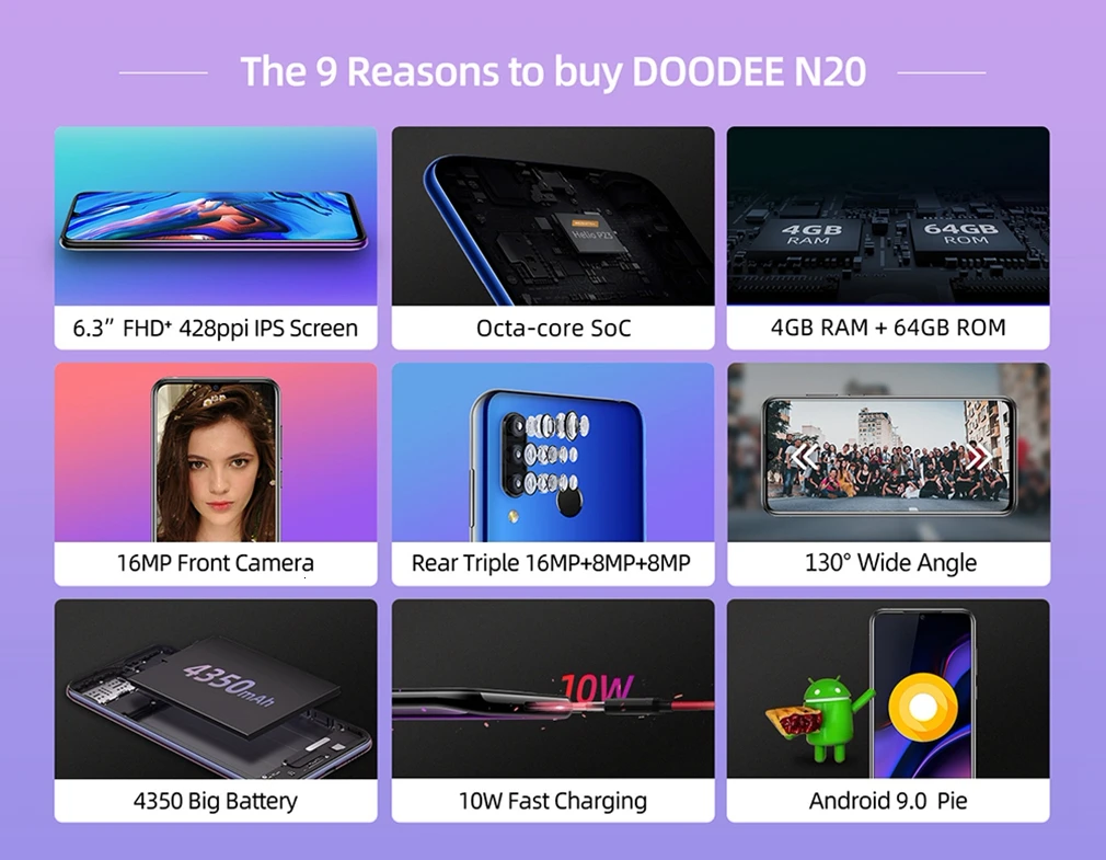 DOOGEE N20 смартфон 6," 4 Гб ОЗУ 64 Гб ПЗУ отпечаток пальца 16 МП Тройная задняя камера MT6763 Восьмиядерный мобильный телефон 4350 мАч 4G LTE