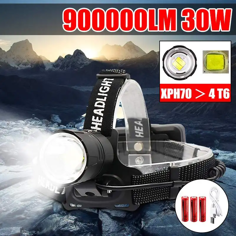 

Smuxi 900000lm XHP70 LED headlamp headlight 3 modes head light waterproof flashlight zoomable use 18650 for hunting cycling