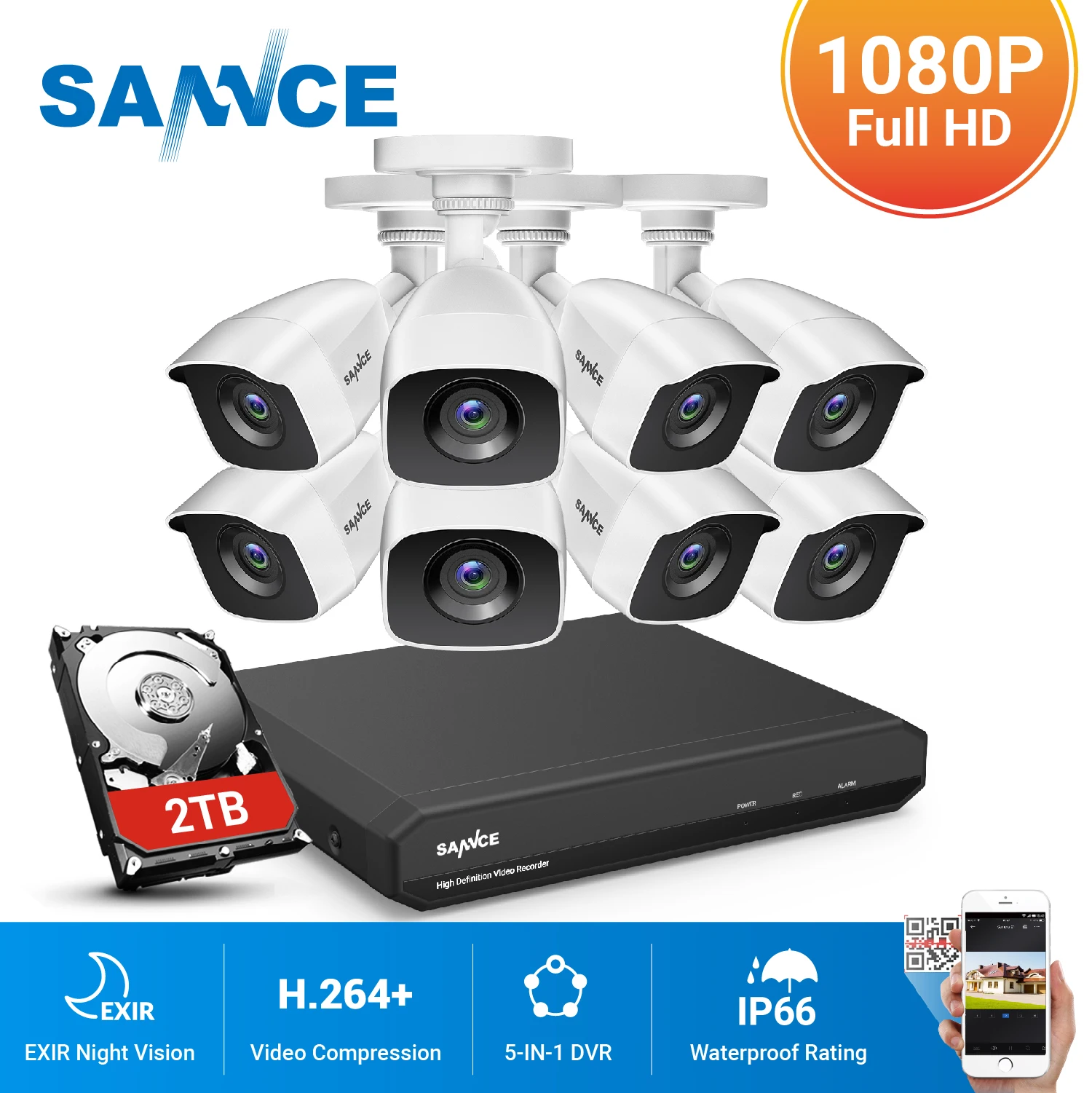Kit Di Sorveglianza Per Visione Notturna Impermeabile Sannce 8Ch 1080P 2.0Mp Hd Cctv System Video Recorder 8Pcs 1080P Cctv