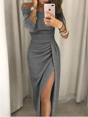 gray S-3XL, сексуальное женское блестящее трикотажное платье-карандаш с вырезом лодочкой, женские платья с открытыми плечами, с рюшами, с разрезом, облегающее, Клубные, вечерние платья - Цвет: gray
