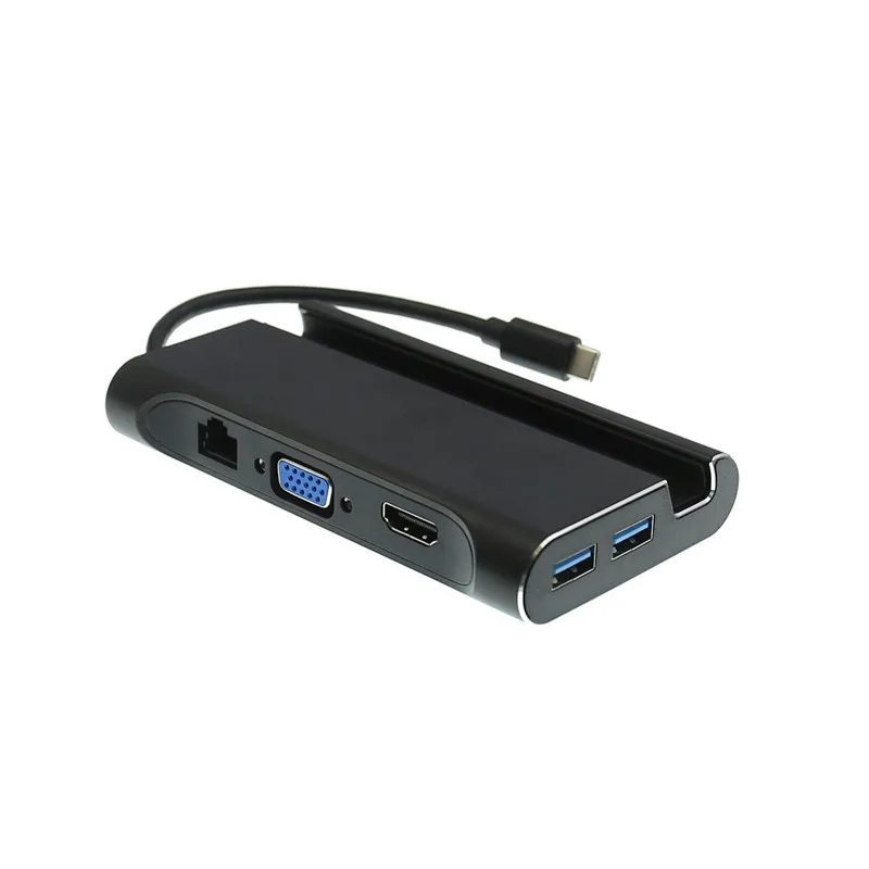 7 в 1 USB-C концентратор type-c для нескольких USB 3,0 VGA HDMI 4k RJ45 адаптер питания type C хаб разветвитель для Macbook Pro Air - Цвет: Черный